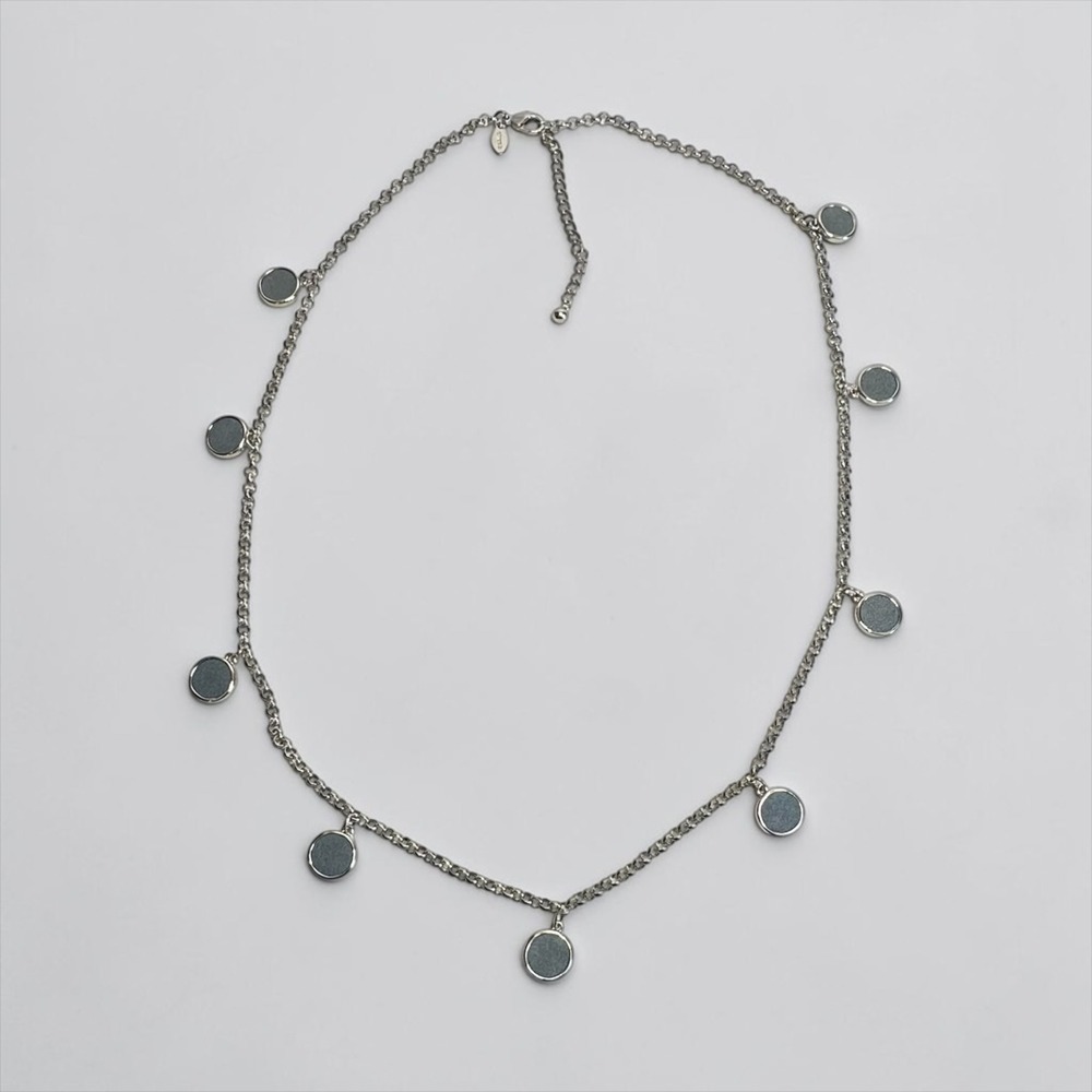 Chico's 36" Station Necklace Silver Tone Grey Disc Long Chain
